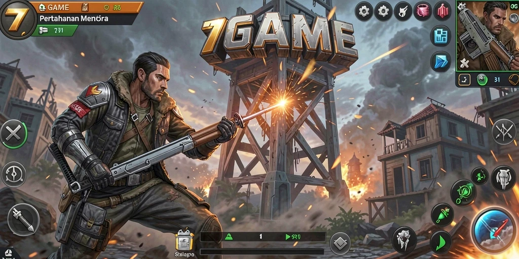 Screenshot utama 7GAME menunjukkan aksi Tower Defense yang seru.