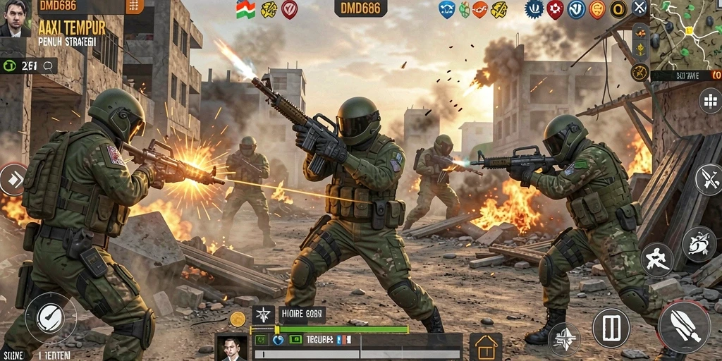 Screenshot gameplay DMD686 yang mendebarkan dengan aksi tembak menembak.