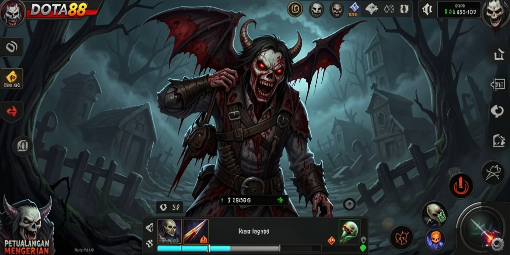 Screenshot DOTA88 menunjukkan pemain menghadapi makhluk mengerikan di dalam kegelapan.
