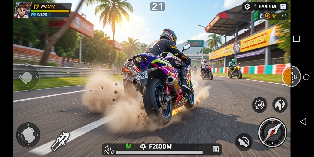 Gameplay seru dari F200M saat balapan motor di lintasan.