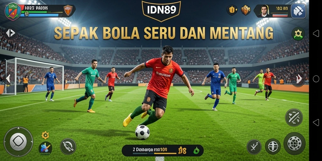 Tampilan gameplay seru di IDN89 dengan aksi sepak bola nyata.
