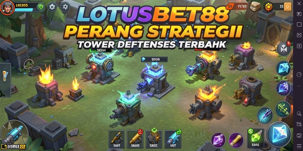 Tampilan menarik dari gameplay LOTUSBET88 dengan menara dan musuh.
