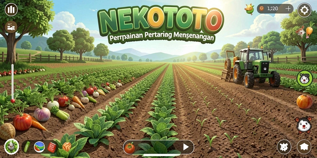 Gameplay NEKOTOTO menampilkan kebun hijau yang indah dan aktivitas bertani.