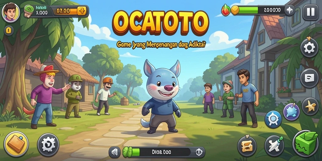 Tangkapan layar utama OCATOTO menampilkan karakter yang sedang beraktivitas dalam game Idle.