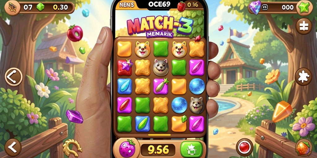 Tangkapan layar utama OCE69 menampilkan gameplay seru Match-3.