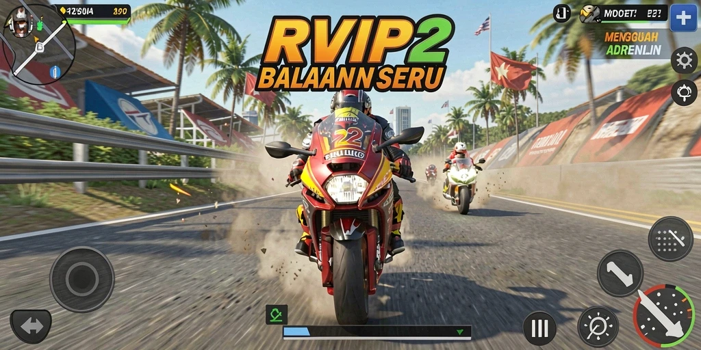 Tangkapan layar utama RVIP2 menampilkan balapan motor yang mendebarkan.