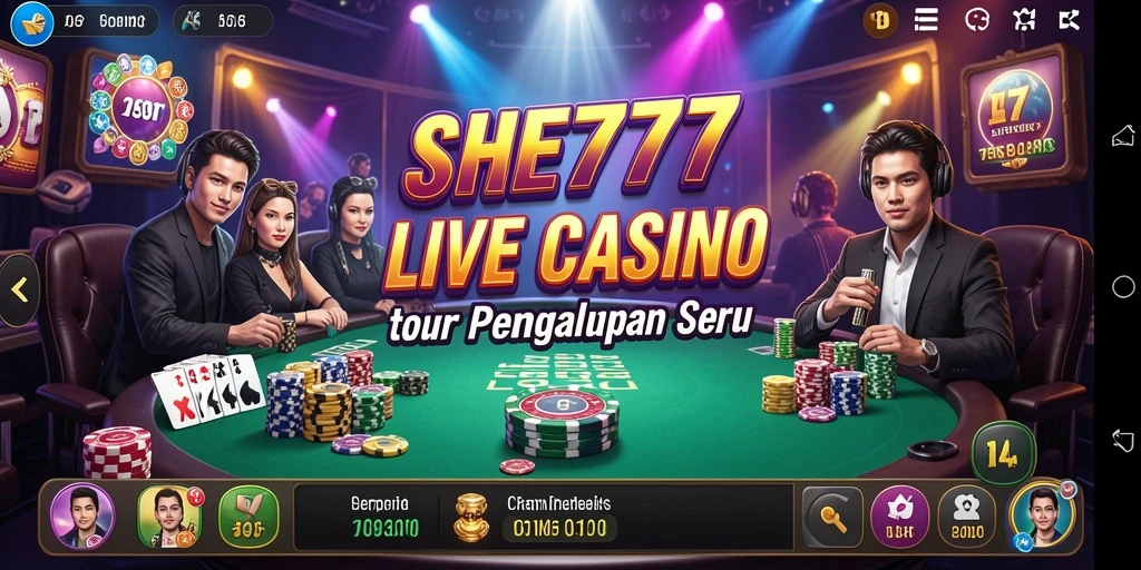 Screenshot utama SHE777 menampilkan dealer langsung dalam aksi seru permainan Live Casino.